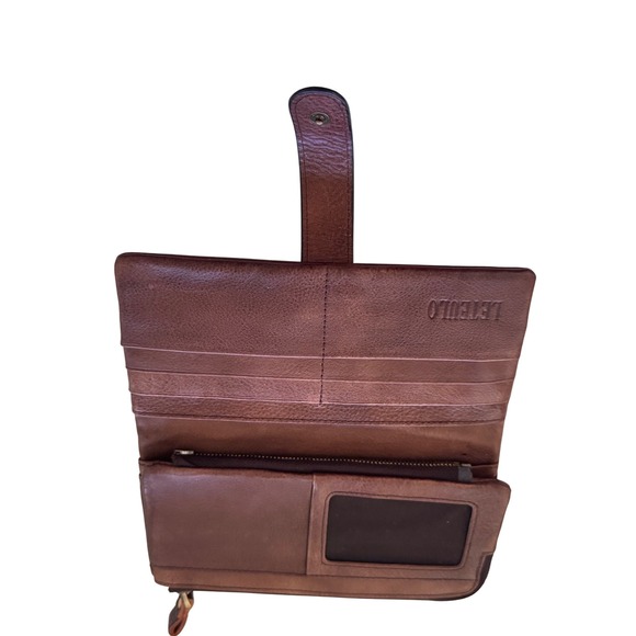 LETEULO Brown‎ Leather Wallet Clutch Snap Closure Zip Around preloved 7.5x3.75 - Picture 3 of 13